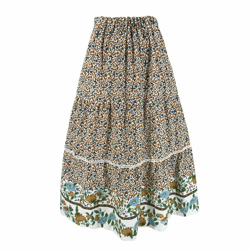 

Vintage Women High Waist Flower Long Maxi Skirts Summer Beach Sunny Female Skirts Floral Print Cotton Blend A Line Skirt Femme