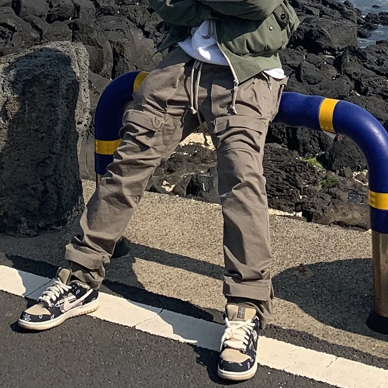 

Men's Casual Pants, Multi Pocket Lace Up Bust, Straight Belt, Loose, Hip-hop Style