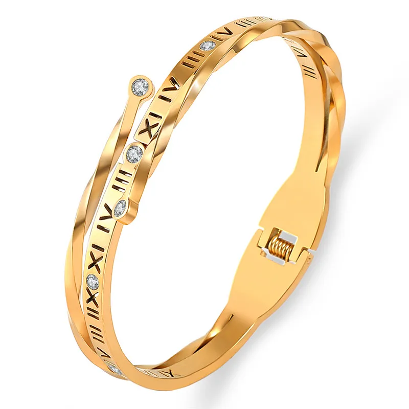

Fashion Roman Numeral Bracelet Stainless Steel Cross Zirconia Gold Bangle For Women Statement Jewelry Wedding Bijoux Lover Gift