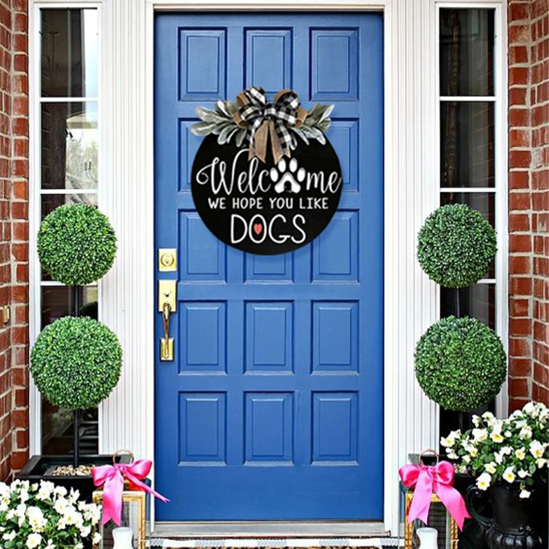 

Welcome Sign Wreath Front Door Hanger with Bow 16 Inch Round Outdoor Hanging Vertical Sign Home Decoration D1