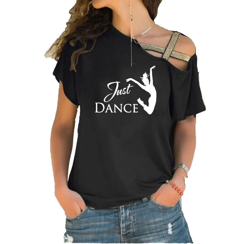 

Fun just dance Girl Tee Shirt Female Dancer Shirt funny Summer women fashion Irregular Skew Cross Bandage style tee tops