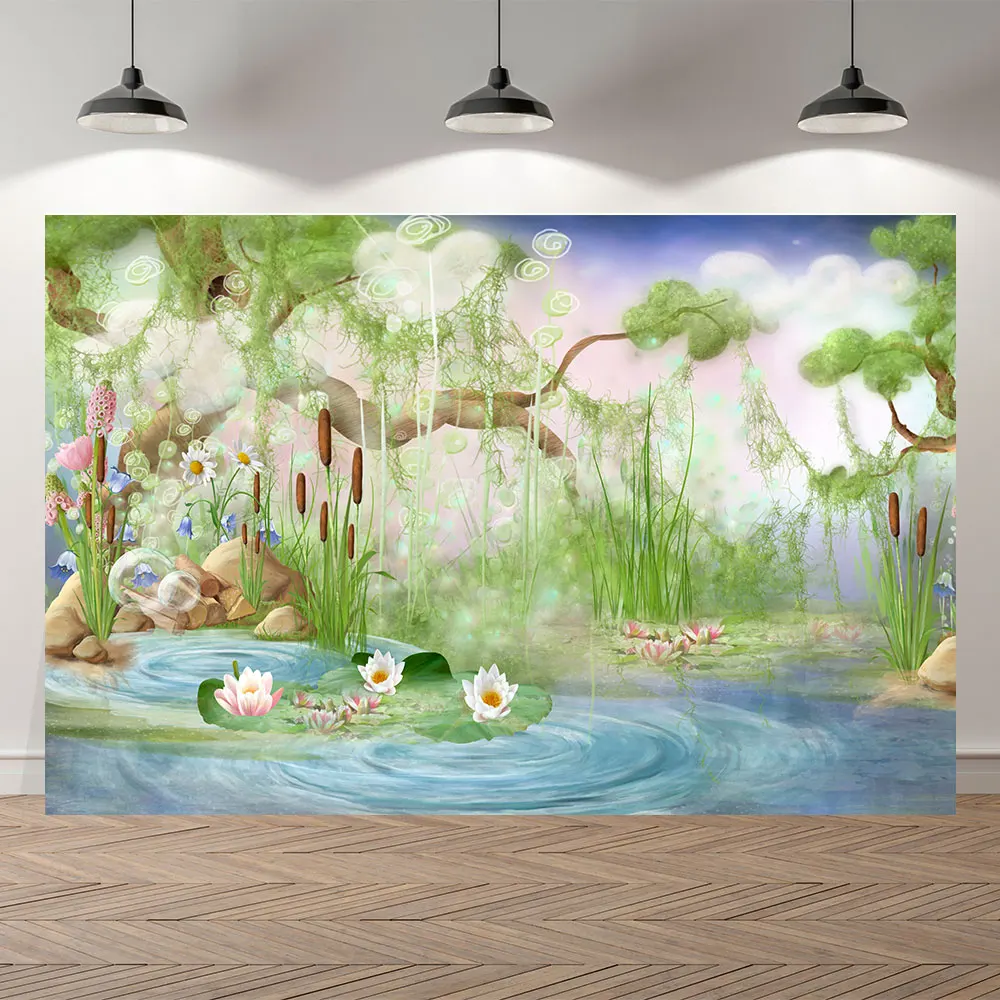 

Tree River Lotus Firefly Children Wonderland Spring season Decor baby shower Background Printed Photographic studio Backdrop