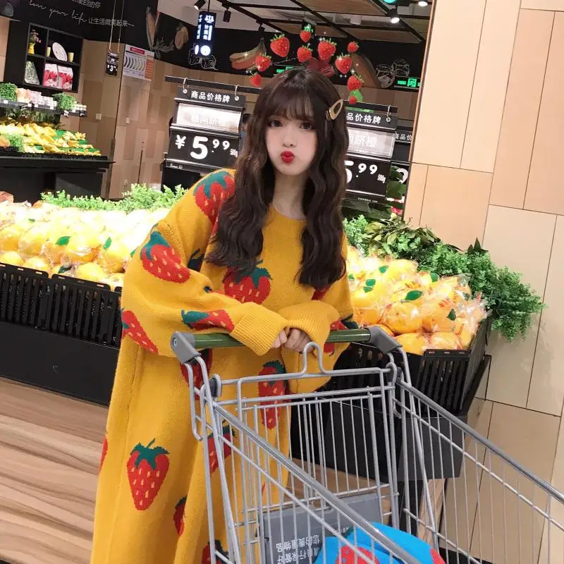 Kawaii розовый свитер длинный участок большого размера клубничный пуловер свитер зима женская корейская версия трикотажа осень теплая новая одежда