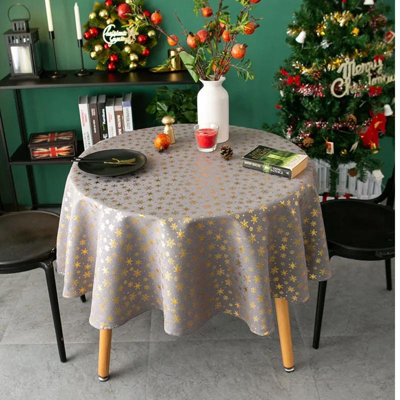 

Christmas Gray Hot Stamping Round Snowflake Tablecloth, Printed Cotton and Linen Holiday Cover Cloth, Home Desktop Decoration
