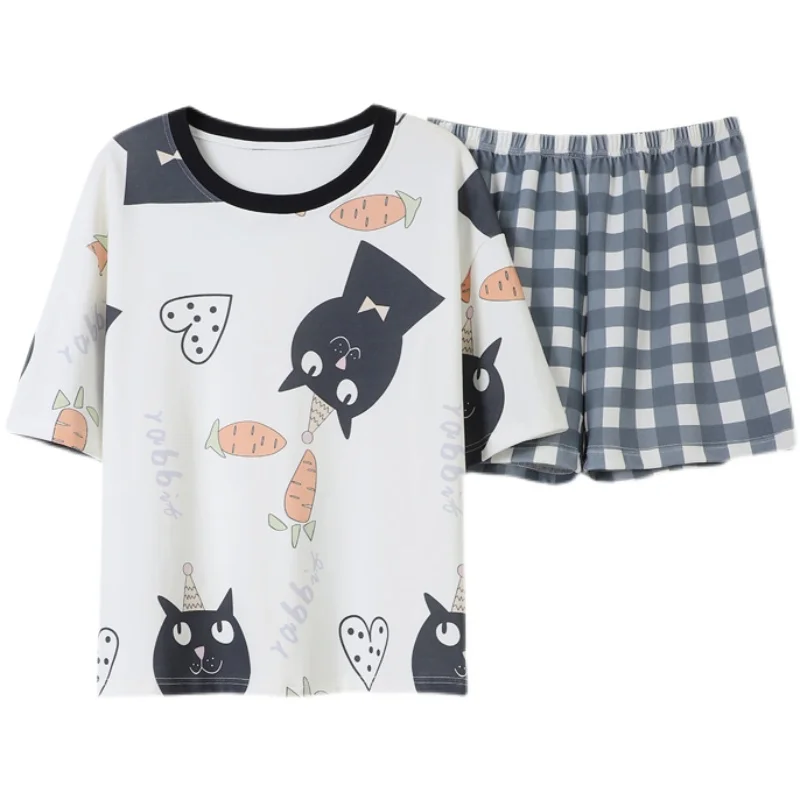 Nanjiren Cute Pajamas Womens Short Sleeved Cotton Plaid Shorts Korean Cartoon Ladies Homewear Spring and Autumn Summer