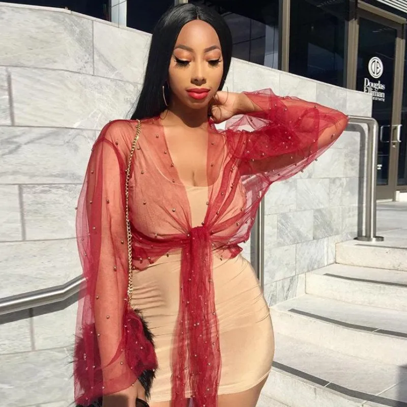 Женская прозрачная блузка с бусинами черная и красная ажурная сетчатая длинным