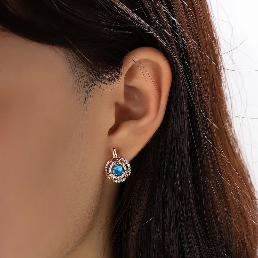 

DCKAZZ 585 Rose Gold Color Round Hollow Drop Earrings Pink Blue Zircon Metal Earring Women Daily Aesthetic Jewelry New Arrival