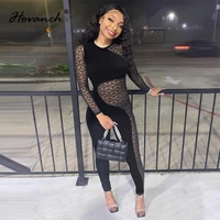 hovanch black mesh stitching long sleeve zipper perspective womens sexy bodysuit 2022 spring party street wear
