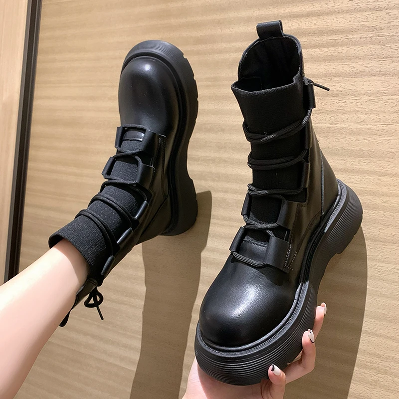 

Autumn/Winter New Women's Martin Boots Knitted Lace-up Low Heel Short Boots Thick-soled Waterproof Casual Shoes Round Toe Boots