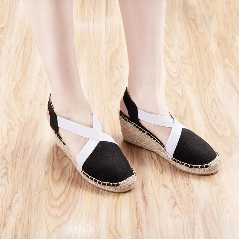 

High Heel Sandal for Women Med Clear Shoes Shallow Mouth Clogs Wedge Espadrilles Platform Flax High-heeled Medium Closed Handmad
