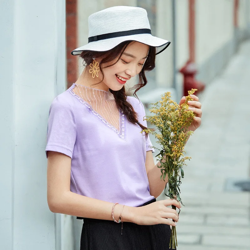 

2020 Summer New Korean Splicing Short Sleeve T-shirt Pure Cotton Is Fresh and Sweet Women's Slim Body T-shirt Cotton Women's Top