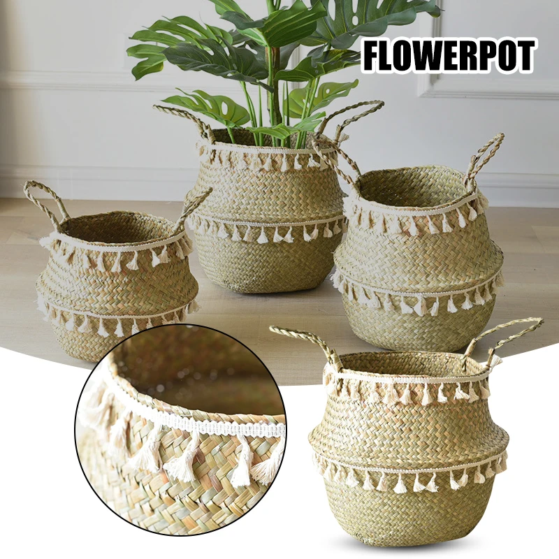 

Natural Belly Basket with Tassels Decor Handmade Straw Container Planter with Handle for Home Sundries PW