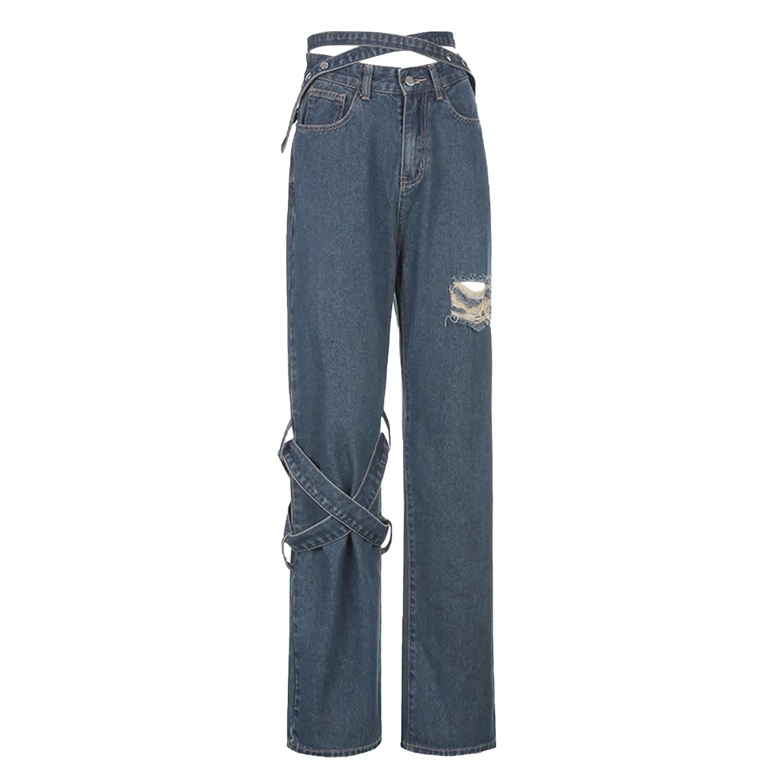 

Jeans Women New Fashion Mid Waisted Wide Leg Pants Ripped Sashes Straight Denim Jeans Casual Baggy Trousers Free Sh