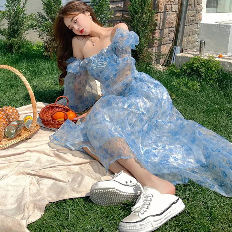 

Sweet Blue Floral Dress Women Summer New Korean Square Collar High Waist Chiffon Mesh Long Sleeve Dresses Female