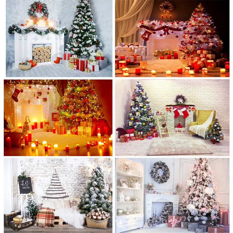 

Vinyl Custom Christmas Day Photography Backdrops Prop Christmas Tree Fireplace Photographic Background Cloth 21710CHM-011