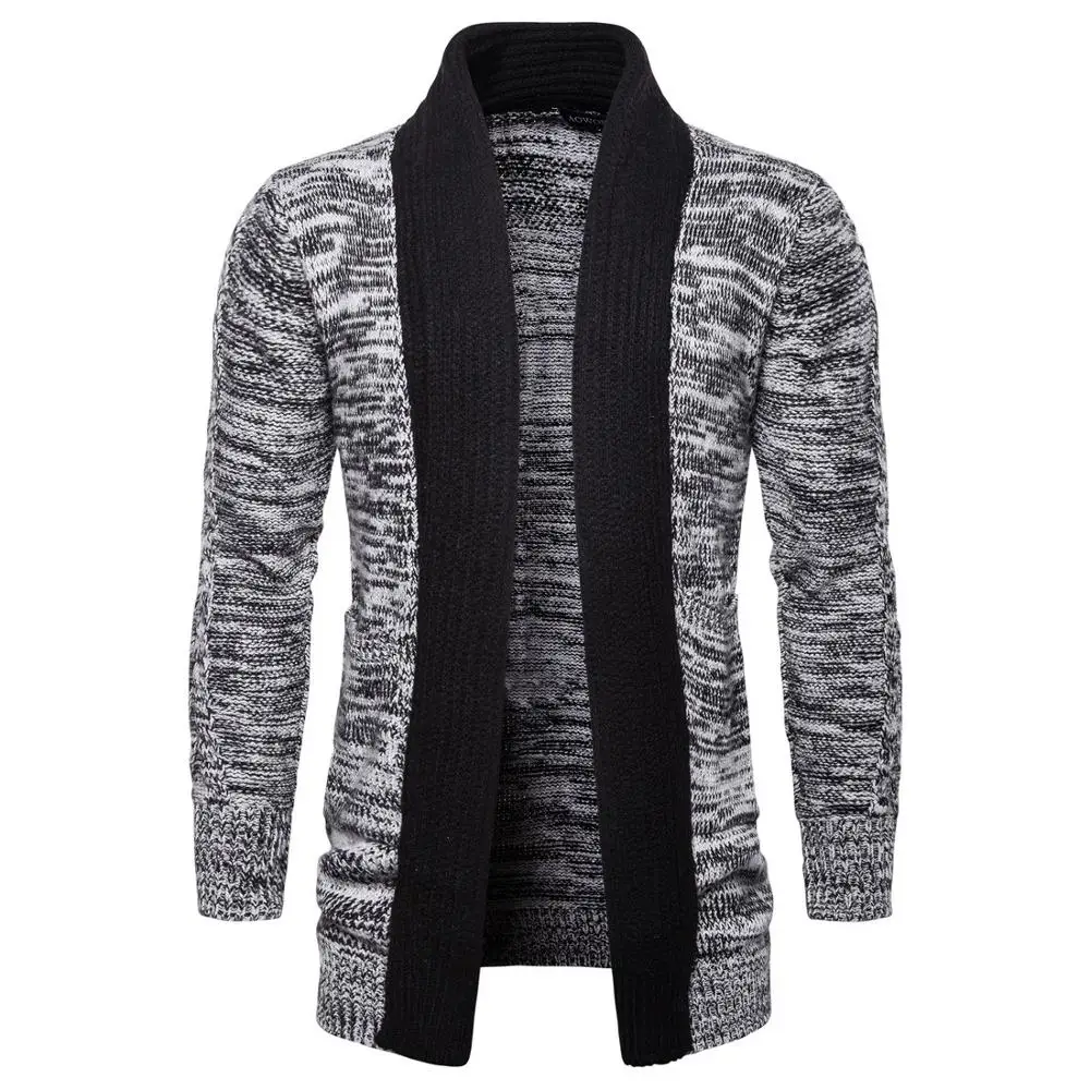 Теплый повседневный мужской свитер длинный вязаный с отложным воротником