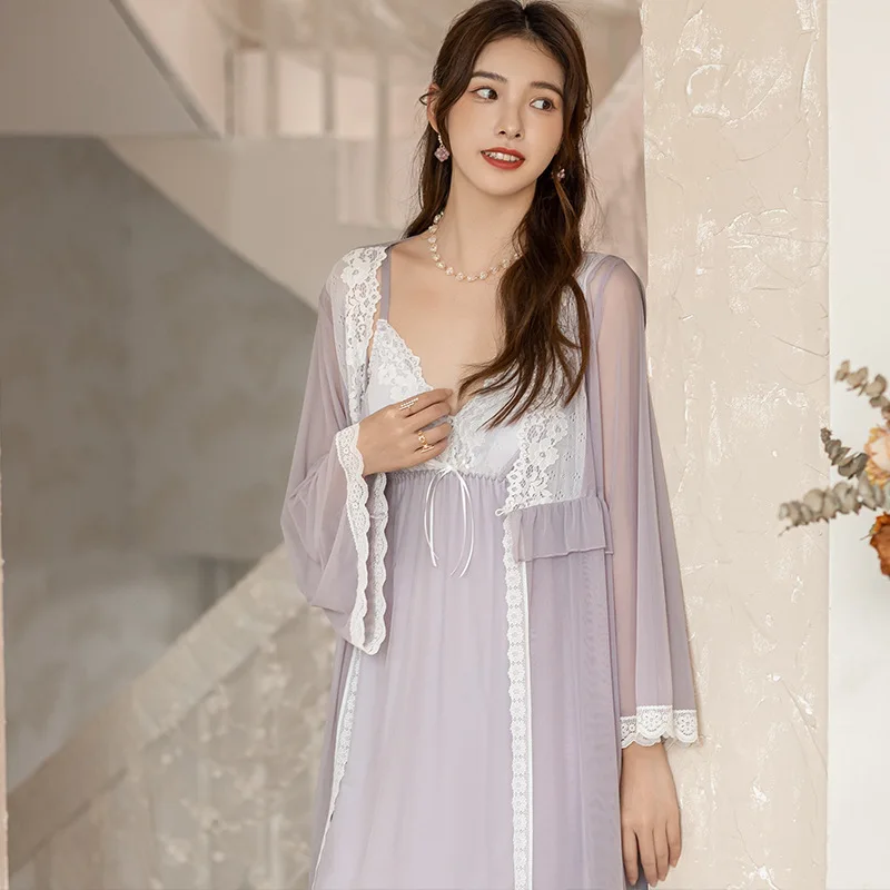 

Vintage Nightgowns Romantic Lace Robe Sets Women Fairy Mesh Long Sleeve Robe Victorian Night Dress Pijamas Sexy Nighty Sleepwear