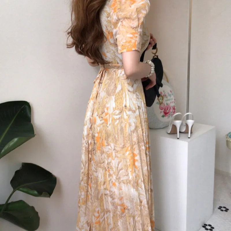 

2021 Summer Korean Vintage Printed Long Dress Women Short Sleeve Pleated Sukienka Elegant One-Piece Dress Chiffon Robe Femme