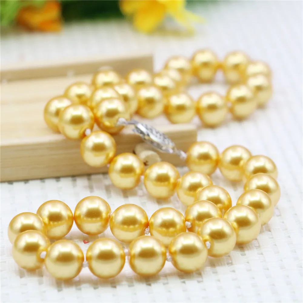 

10mm Round Gold Color Pearl Shell Necklace Women Girls Hand Made Jewelry Making Design Fashion Accessory Gifts For Mother