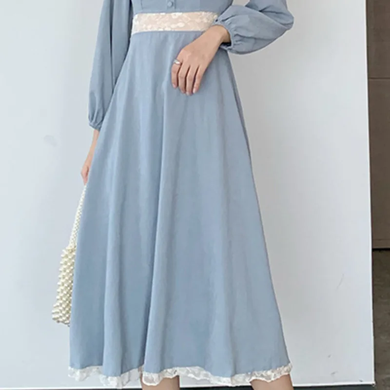 

New Spring Autumn 2021 Lace Cut Out French Retro Solid Bubble Sleeve Square Neck High Waist Mid Dress A-Line Skirt Women Dress