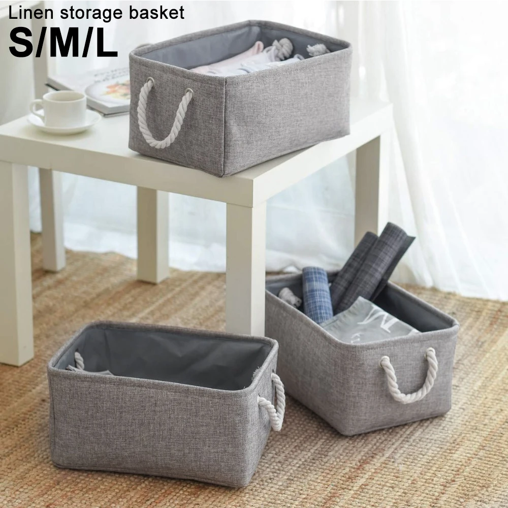 

S/M/L Linen Storage Basket Foldable Sundries Storage Baskets Cosmetics Container Cotton Linen Storage Box Desktop Organizer