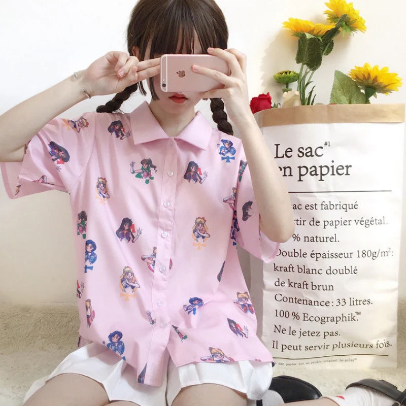 Рубашка в стиле Харадзюку женская рубашка с мультяшным принтом Сейлор Мун летняя
