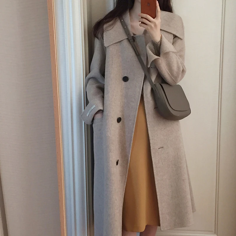 Элегантное шерстяное Женское пальто с отворотом корейское однобортное длинное