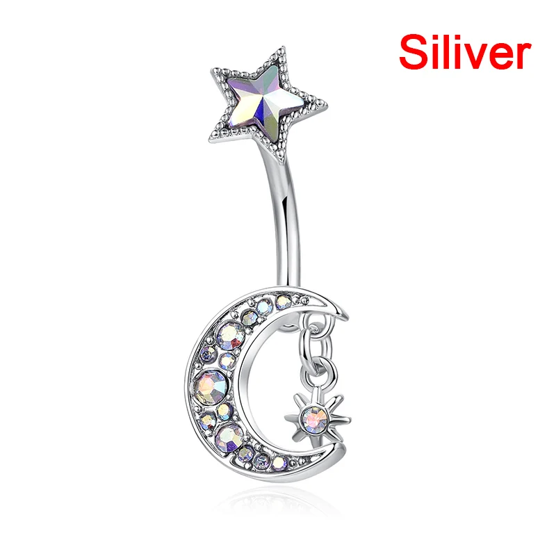 

Sexy Navel Piercing Belly Button Rings Crystal Moon Star Dangling Body Jewelry