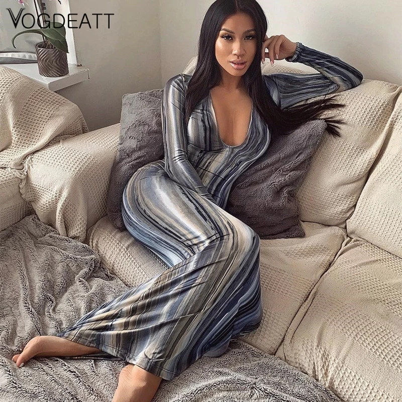 

Women's Deep V-neck Printed Long Dress 2020 Spring Sexy Temperament Dress New Long-sleeved Party Club Wear Vestidos
