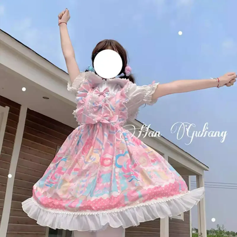 

Sweet Lolita Kawaii Ruffles Pink Cream Printing Jsk SlingDress Women New Cute Sweet Dress Soft Sisters Tea Party Dress
