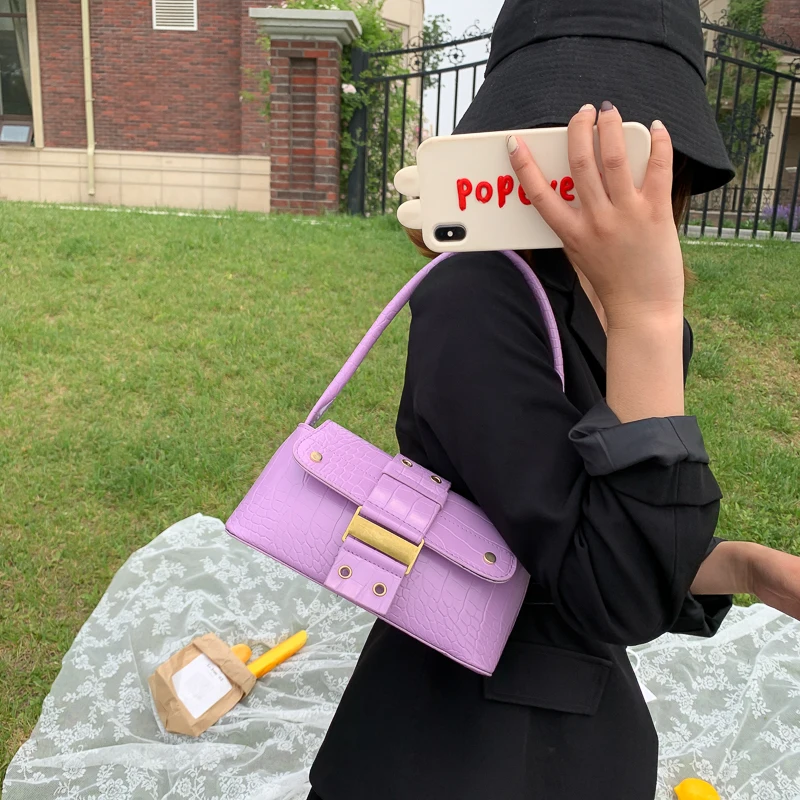 

New Design Flap Women Armpit Bags Solid Color Buckle Women Underarm Shoulder Bags Crocodile Pattern PU Leather Female Baguette