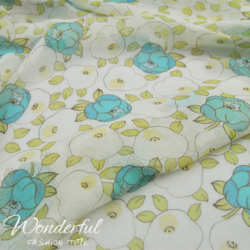 

Silk Georgette Chiffon Fabric Dress Yellow Green Blue Small Flower Lightweight Skirt Shirt DIY Sewing