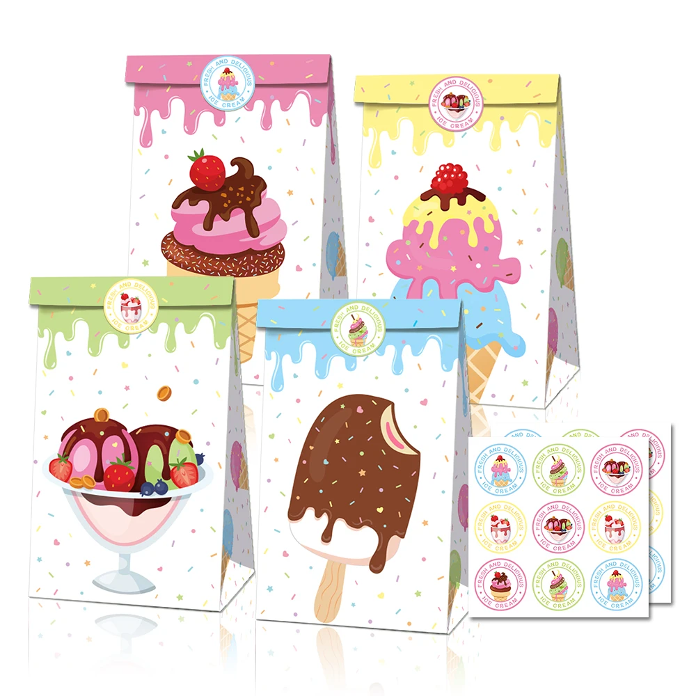 

12pcs/lot Summer Sweet Ice Cream Lolly Cone Theme Party Paper Bags Candy Cake Gift Bags Baby Shower Birthday Favor Supplies