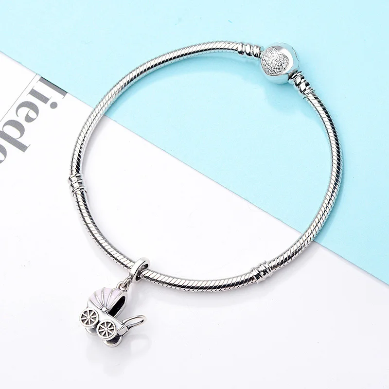 Новинка для подходящего аутентичного европейского браслета Милые розовые подвески для детской коляски из серебра 925 Модное ювелирное изделие для женщин, сделанное вручную в подарок.