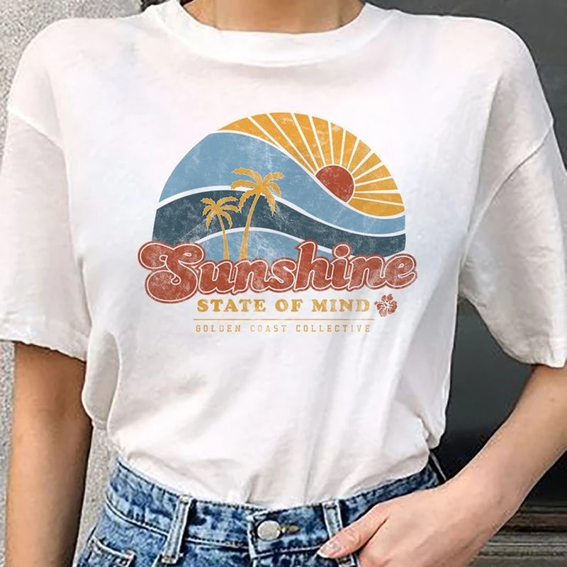 

Винтажная женская футболка в пляжном стиле с изображением солнечного света и настроения, летняя повседневная футболка большого размера дл...