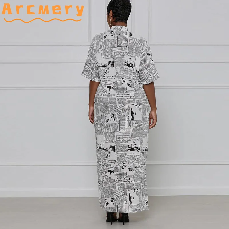 

Women Plus Size Short Sleeve Newspaper Printed Casual Loose Maxi Dress