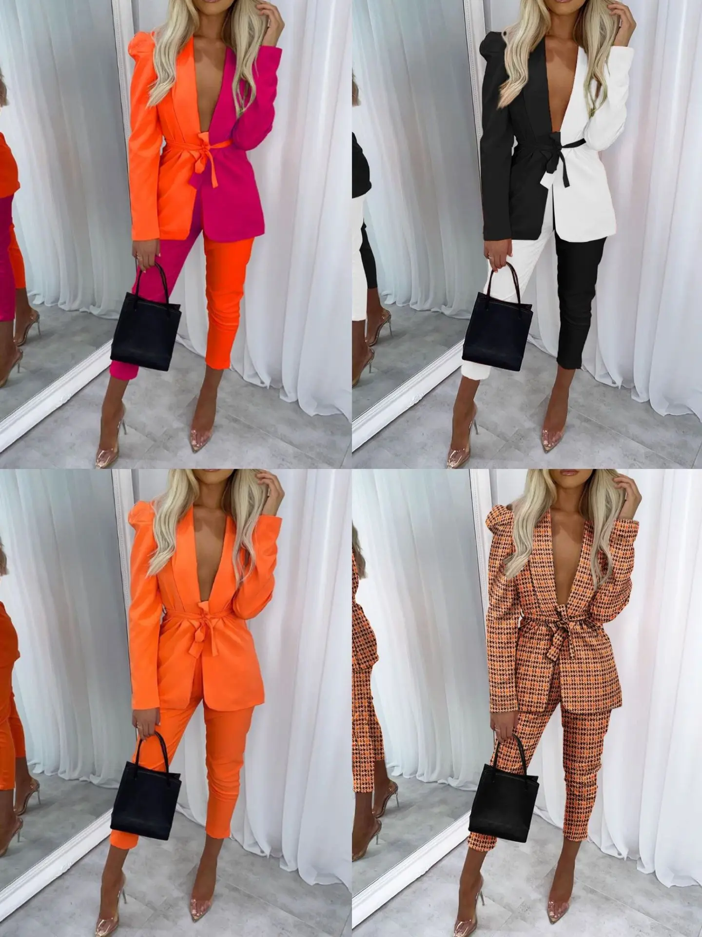 

2021 Autumn Office Women's Fashion Casual Blazer Suit Long Sleeve Notched Collar Blouse High Waist Pencil Pants 2 Piece Suit
