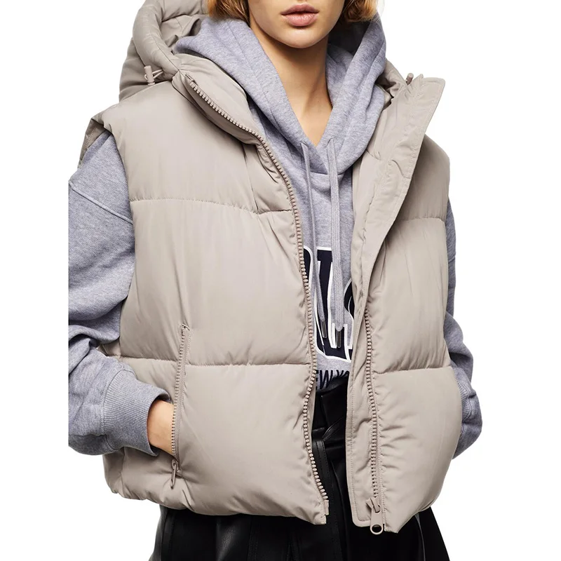 

Casual Vests Women Fashion Simple Short Beige Pockets Hooded Cotton Coats Women Elegant Zipper Vests Female Ladies