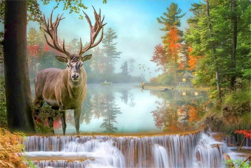 

Milofi customized large wallpaper mural 3D Nordic dream waterfall forest elk sofa living room background wall mural