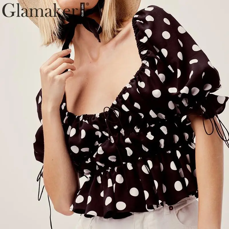 Glamaker, блузка в горошек с оборками, рубашка, Женская Осенняя блузка на шнуровке, укороченный топ, новинка, топ с пышными рукавами и квадратным воротником, зимний