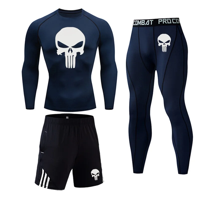 

Male track leggings Long sleeve T-shirt tactical underwear 3pc set Fitness winter Men wear Skull Breathable Stretch Jogging suit