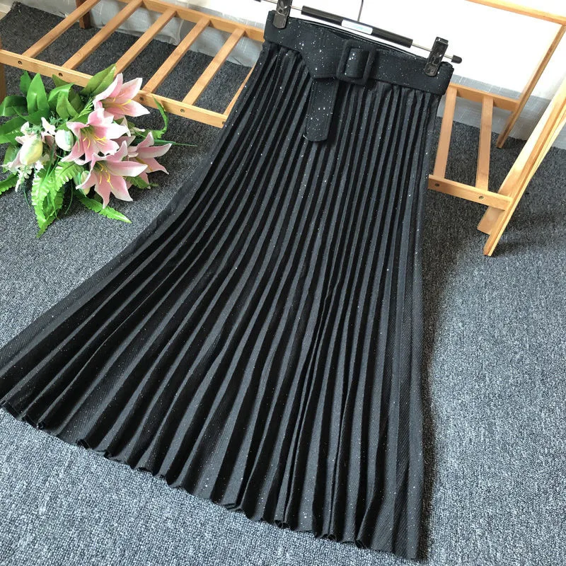 Женская Длинная трикотажная юбка серебристая блестящая плиссированная средней