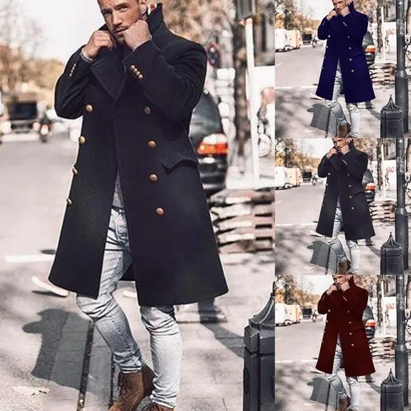 

Мужское шерстяное пальто, Осень-зима 2021, модная деловая двубортная шерстяная ветровка средней длины, мужское черное пальто