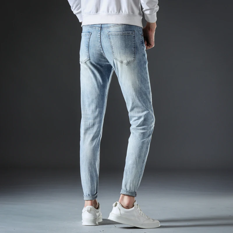 Обтягивающие джинсы для мужчин равные светильник синий стрейч высокого качества