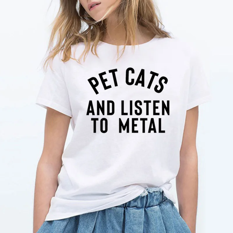 

ZBBRDD Pet Cats and Listen To Metal Mom Cotton Women Tshirt Funny Letter Print Short Sleeve Shirt Girl O Neck Top Tees Drop Ship