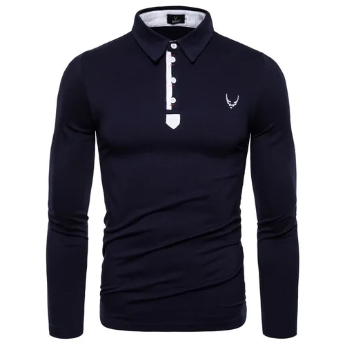 Drop Shipping New Fashion Long Sleeve T Shirt Men Casual Embroidery Slim Fit Men's Tees Solid Turn-down Collar T-Shirts Men - Цвет: Navy