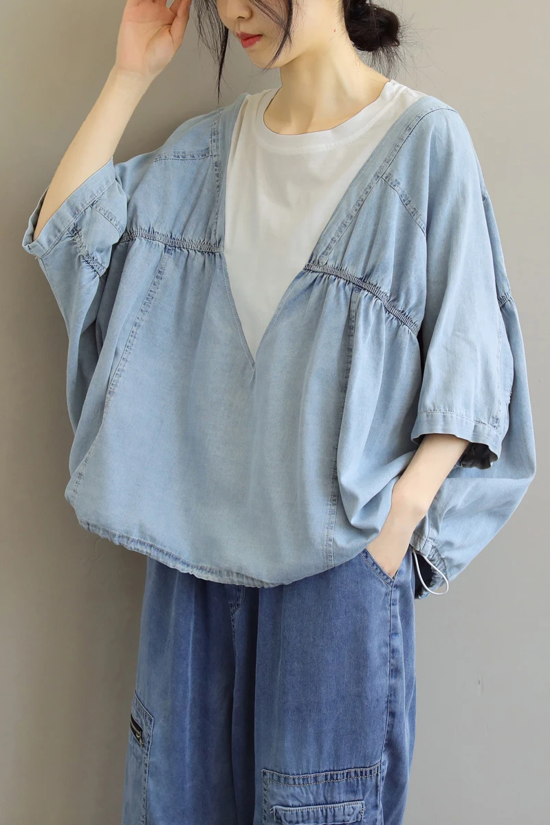 

SuperAen Plus Size Loose Batwing Sleeve Color Contrast Splicing Denim All Match Casual Slim Top Summer New Woman Tshirts
