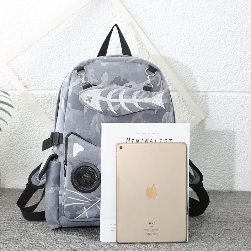 Black Speaker Rucksack Backpack School Bag Waterproof with Bluetooth Audio Gothic Cat Camouflage Large Capacity Unisex | Багаж и сумки