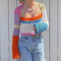 hollow knit top short loose square collar long sleeve cropped top ladies beach y2k patchwork retro casual t shirt sexy fashion