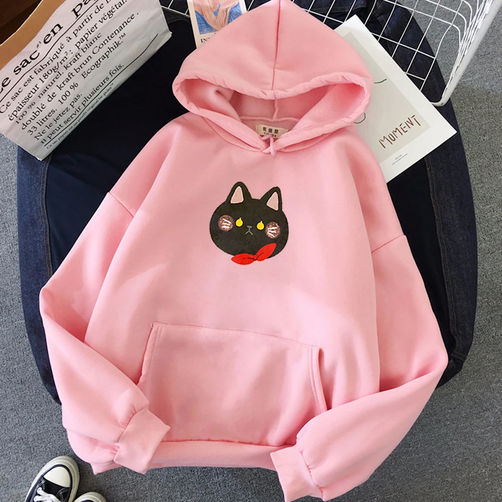 

Women Hoodies Kawaii Sweatshirt Soft Sprout Kpop Streetwear Oversized Hoodie Little Black Cat Graphic Print Winter Warm Fleece